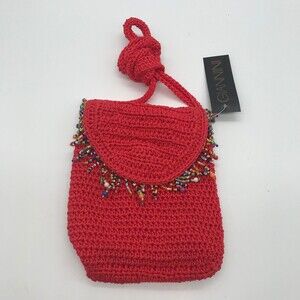 NEW Giannini Cross Body Bag Crocheted Red Boho Purse with Beads Snap Closure NWT